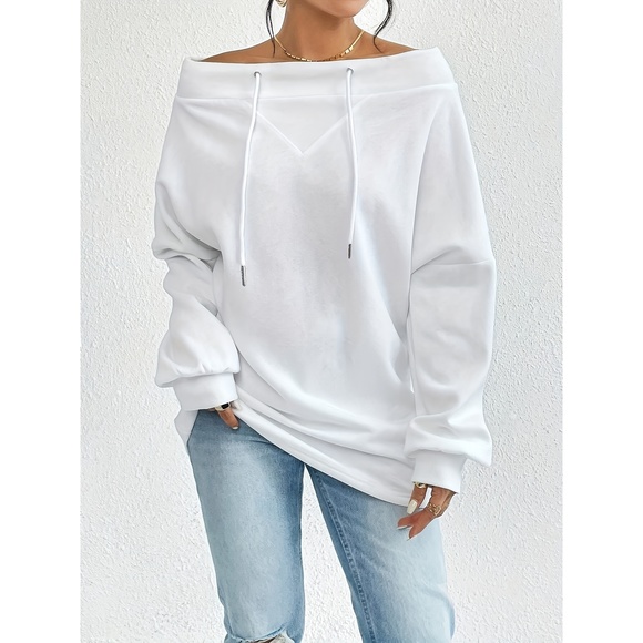 Elegant Style, Women's Casual Off-Shoulder Drawstring Sweatshirt - Chic Loose Fi - Picture 1 of 3